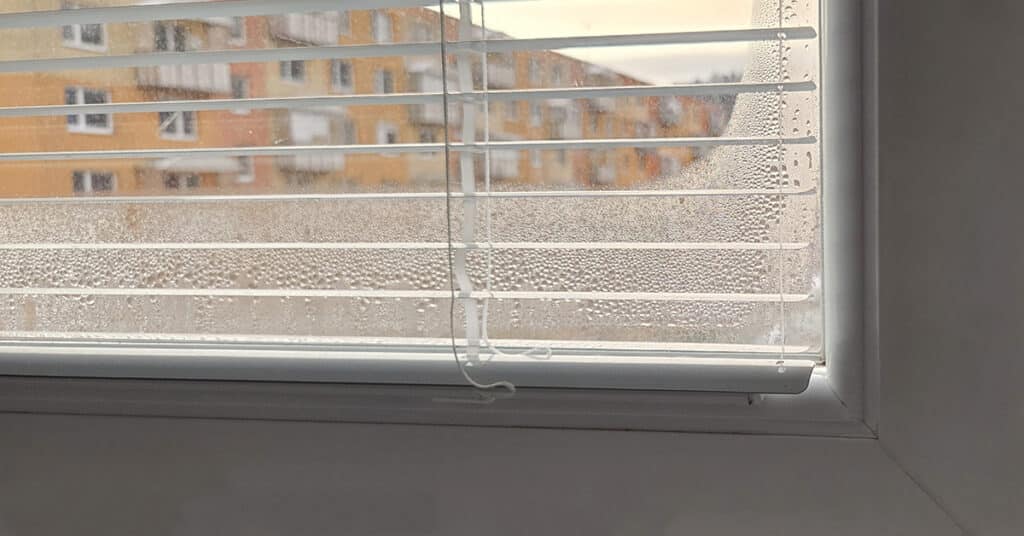 Zarosené okno s vnútornými žalúziami