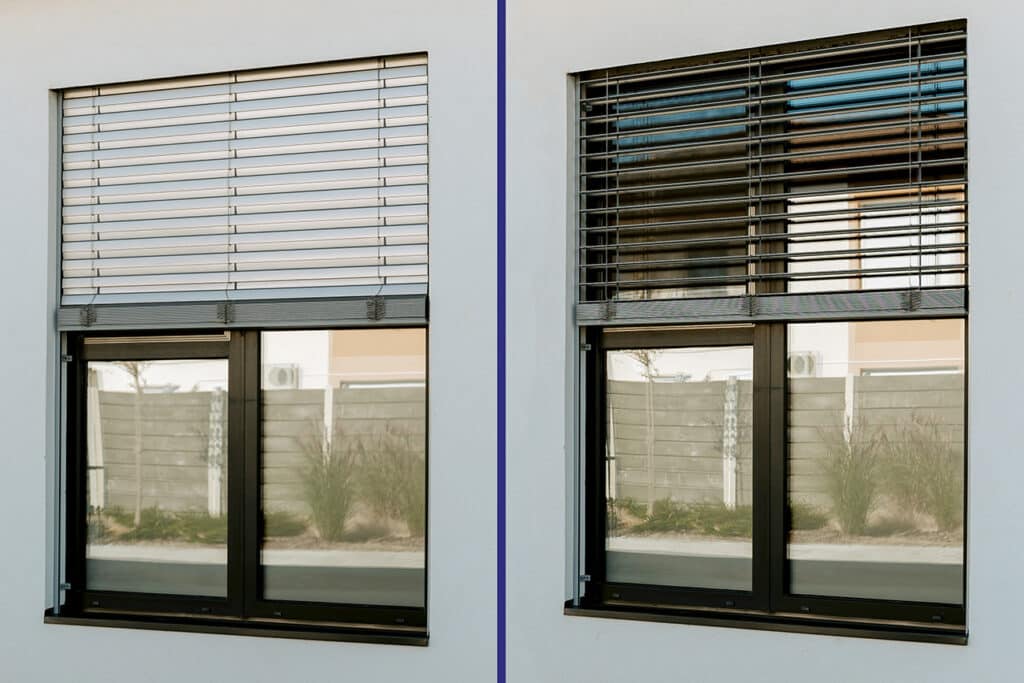 Porovnanie zatvorených žalúzií a žalúzií otvorených na 90 stupňov