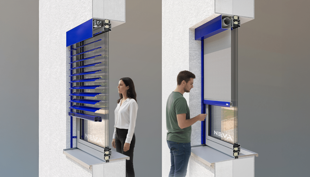 žena vyberá žalúzie, muž vyberá rolety