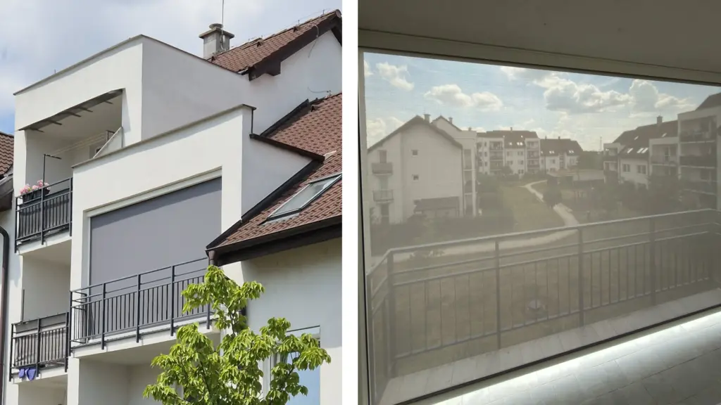 Screenová roleta NEVA na balkóne - pohľad z exteriéru aj interiéru