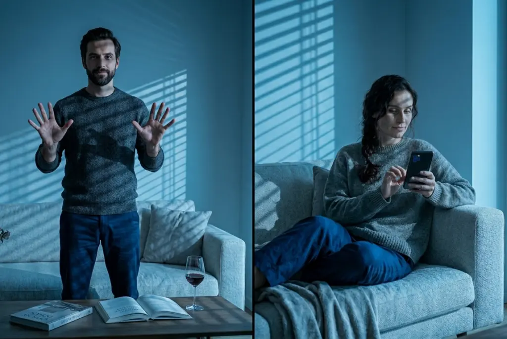 muž bez ovládania, žena ovláda žalúzie mobilom
